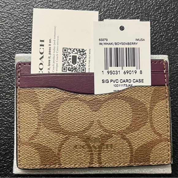 Coach Card Case In Signature Canvas Khaki Boysenberry Slim Holder Wallet NWT - Picture 6 of 7